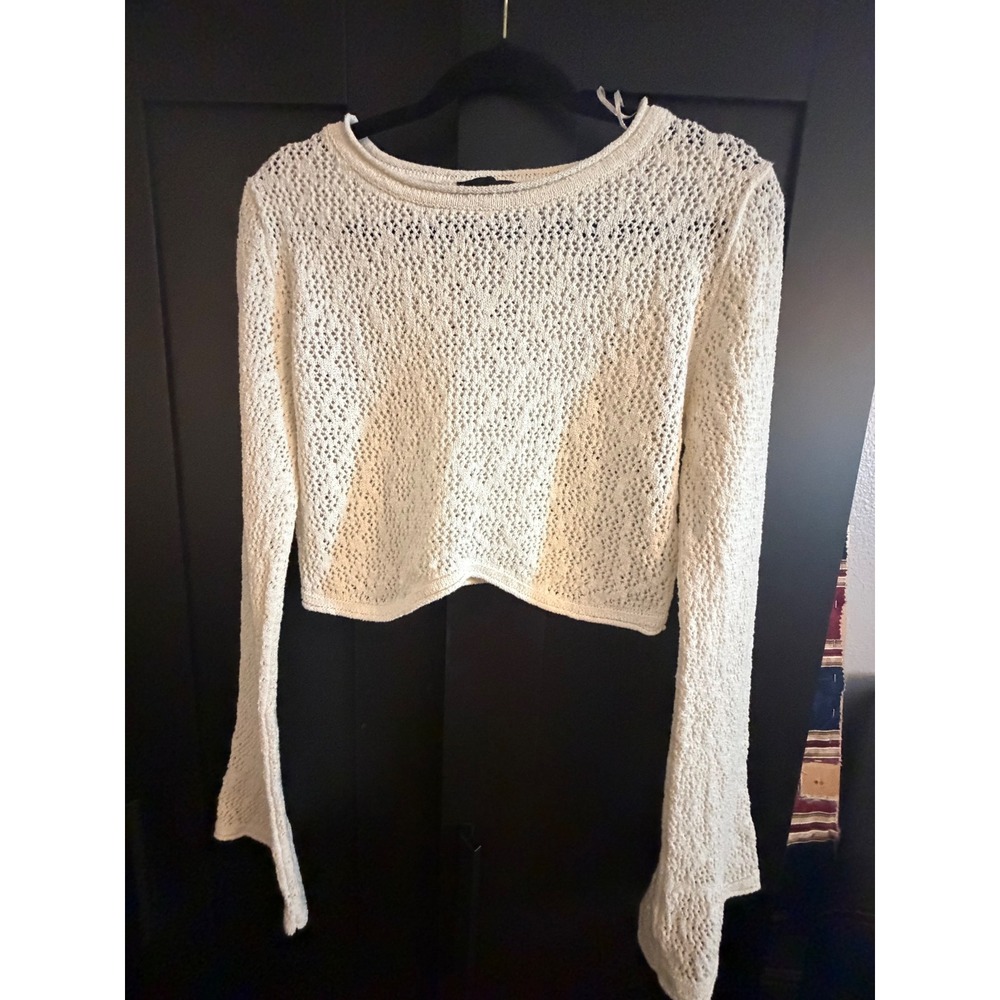 Zara Women Cream Open Knit Long Sleeve Crop Top Sweater Pointelle Size M